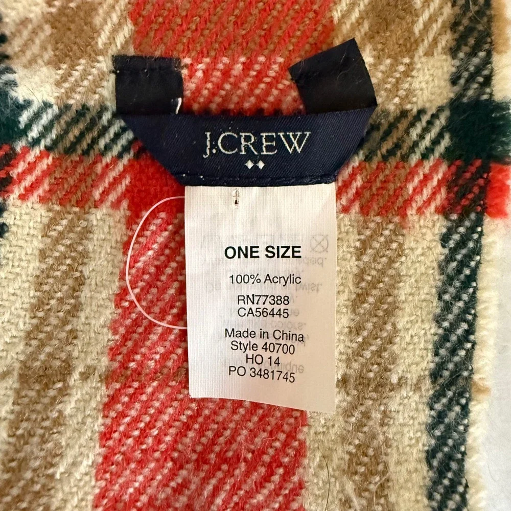 J. Crew Plaid Scarf‎ Orange Cream Green Fringe 25 x 70 Preppy